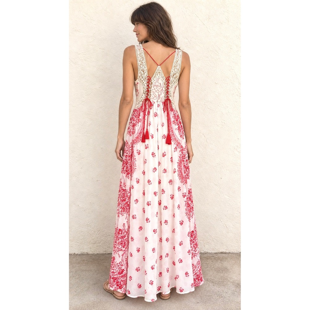 Free People XS Victorian Love Maxi Dress Magnolia Red Floral Lace Romantic Boho